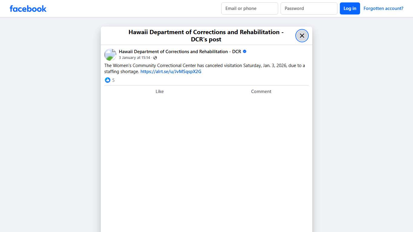 The Women's Community Correctional Center has canceled visitation Saturday, Jan. 3, 2026, due to a staffing shortage.... - Hawaii Department of Corrections and Rehabilitation - DCR Facebook